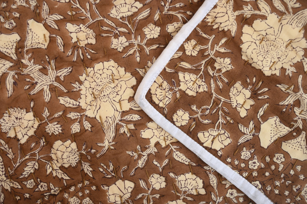 Brown & Cream Mughal Floral Hand Block Print Cotton Quilt