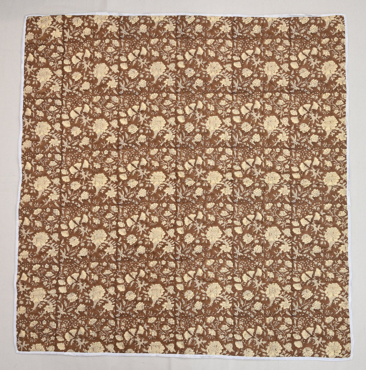 Brown & Cream Mughal Floral Hand Block Print Cotton Quilt