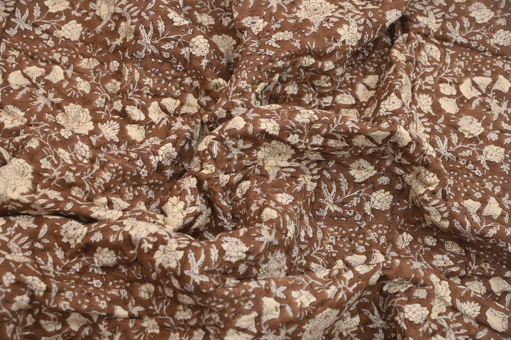 Brown & Cream Mughal Floral Hand Block Print Cotton Quilt