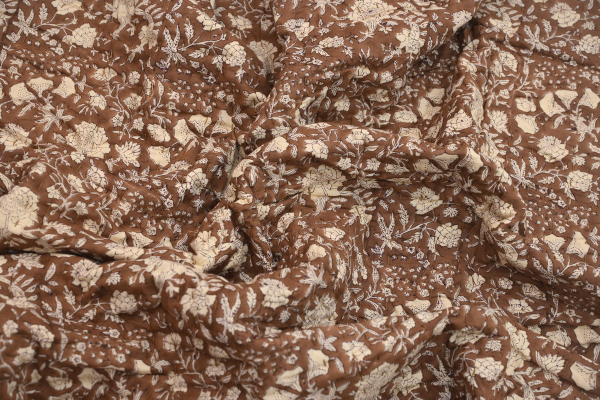 Brown & Cream Mughal Floral Hand Block Print Cotton Quilt