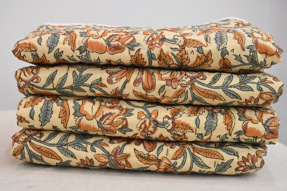 Beige & Orange Mughal Floral Hand Block Print Cotton Quilt