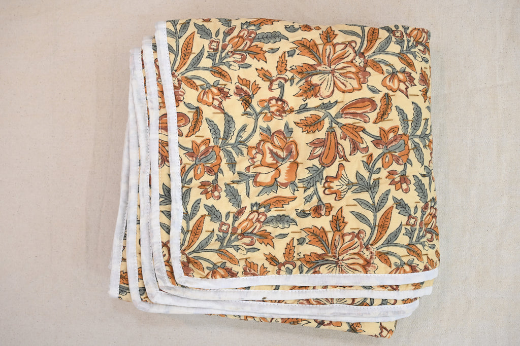 Beige & Orange Mughal Floral Hand Block Print Cotton Quilt