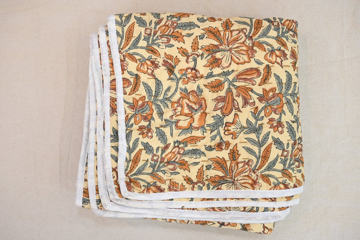 Beige & Orange Mughal Floral Hand Block Print Cotton Quilt