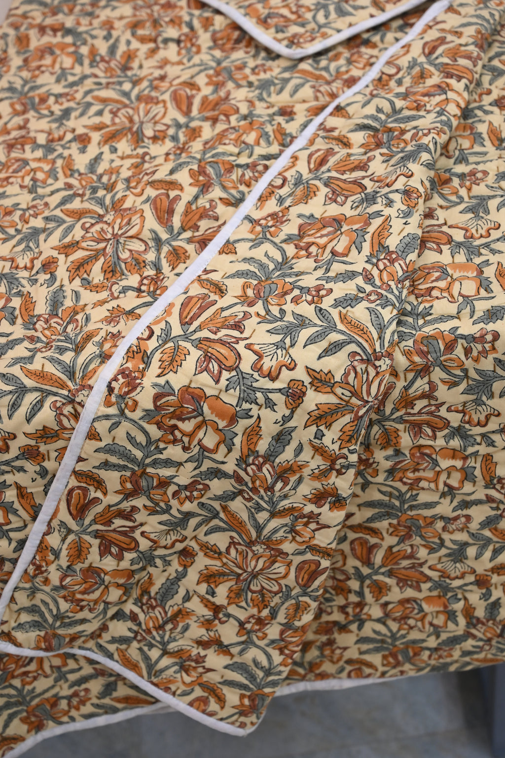 Beige & Orange Mughal Floral Hand Block Print Cotton Quilt