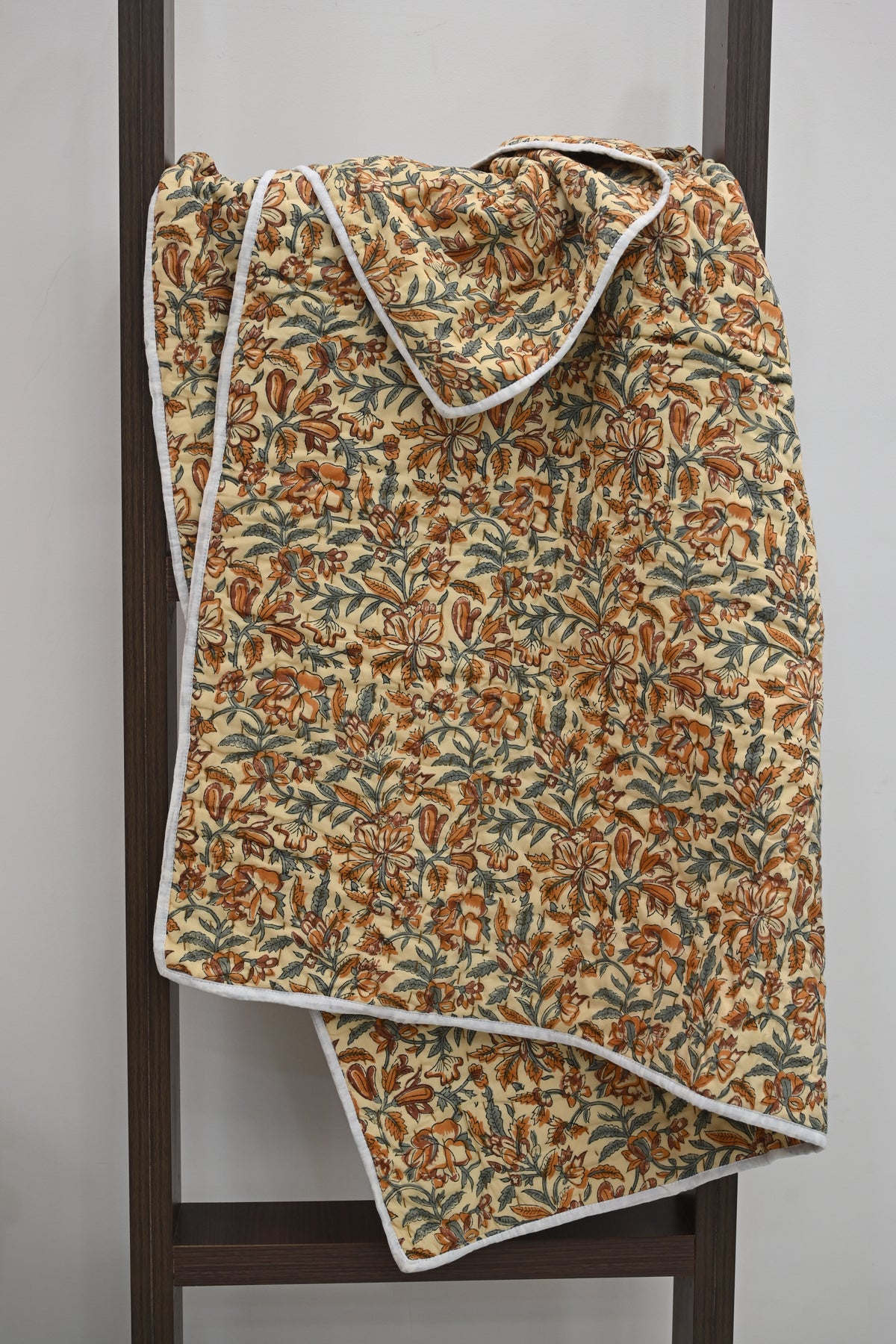 Beige & Orange Mughal Floral Hand Block Print Cotton Quilt