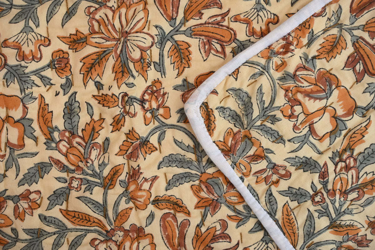 Beige & Orange Mughal Floral Hand Block Print Cotton Quilt