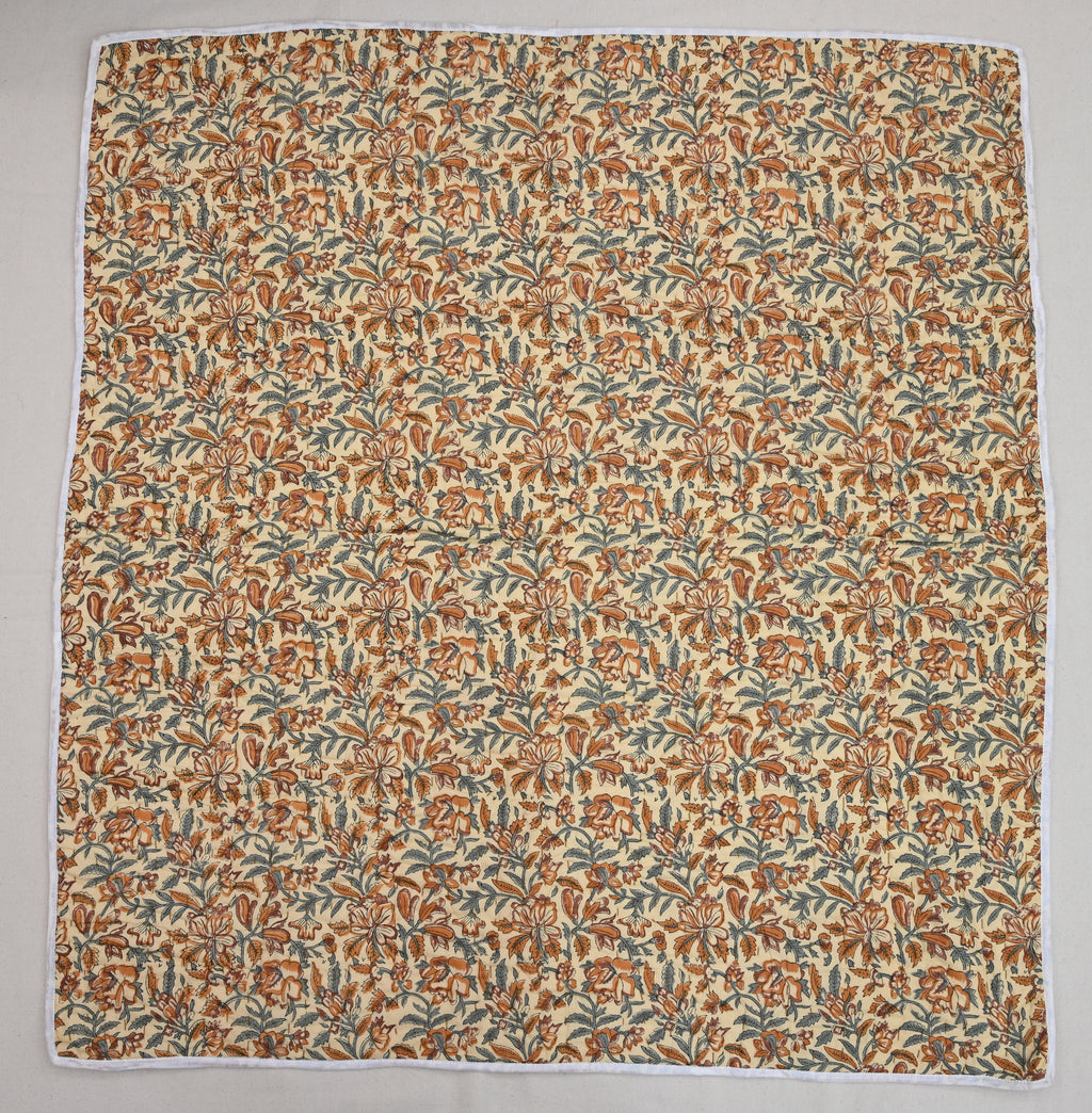 Beige & Orange Mughal Floral Hand Block Print Cotton Quilt