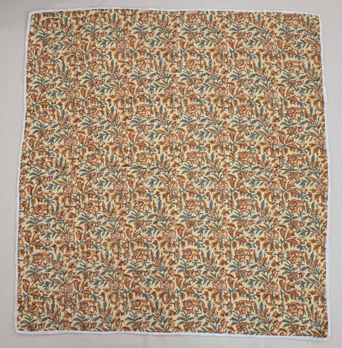Beige & Orange Mughal Floral Hand Block Print Cotton Quilt