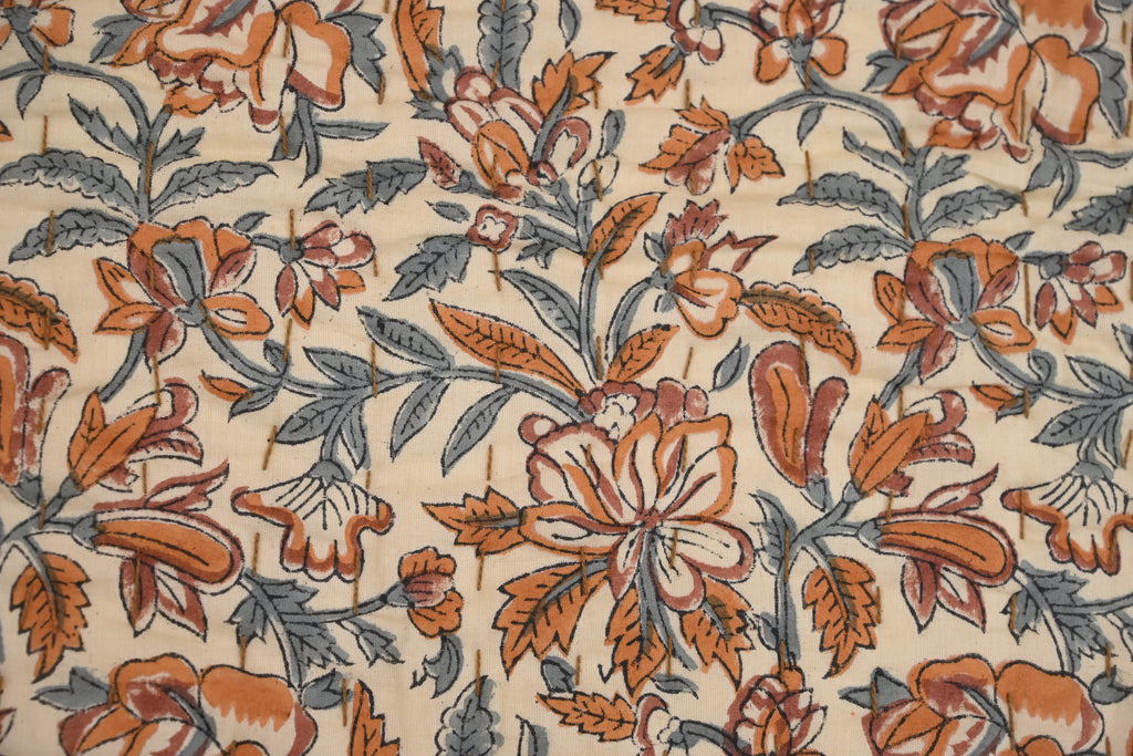 Beige & Orange Mughal Floral Hand Block Print Cotton Quilt