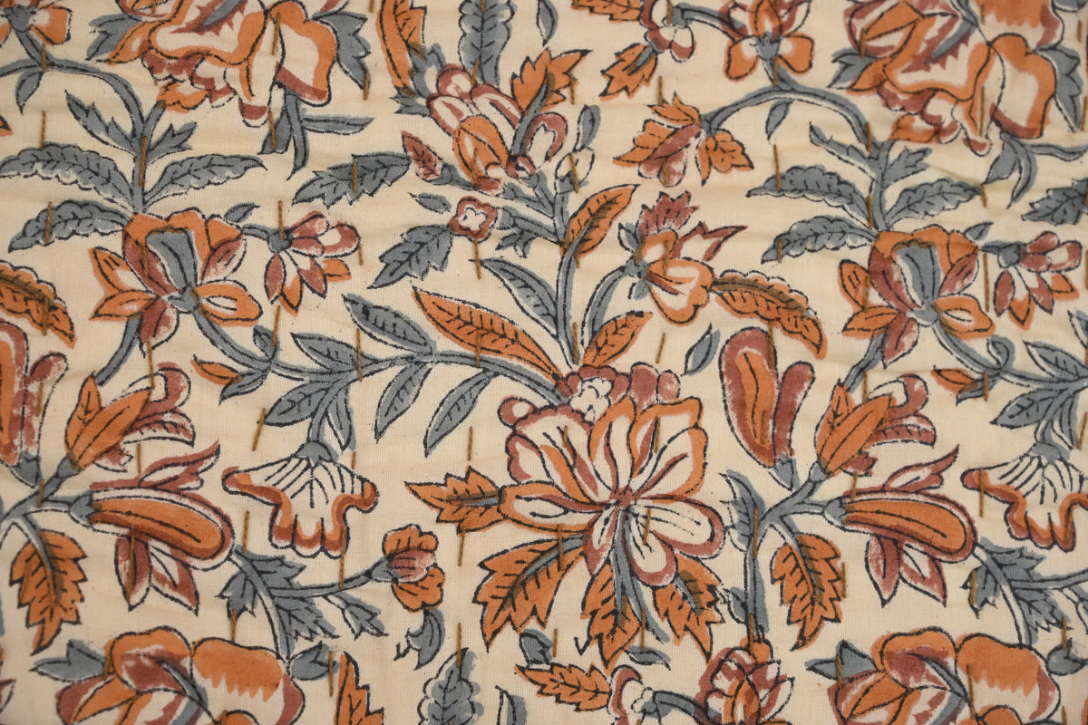 Beige & Orange Mughal Floral Hand Block Print Cotton Quilt
