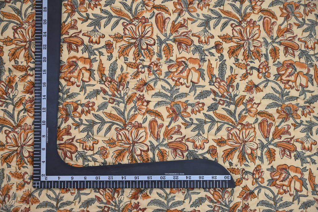 Beige & Orange Mughal Floral Hand Block Print Cotton Quilt