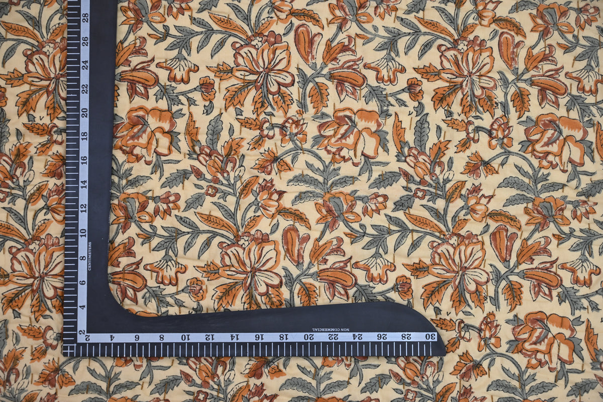Beige & Orange Mughal Floral Hand Block Print Cotton Quilt