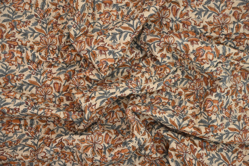 Beige & Orange Mughal Floral Hand Block Print Cotton Quilt