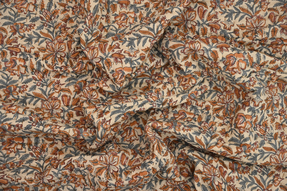 Beige & Orange Mughal Floral Hand Block Print Cotton Quilt