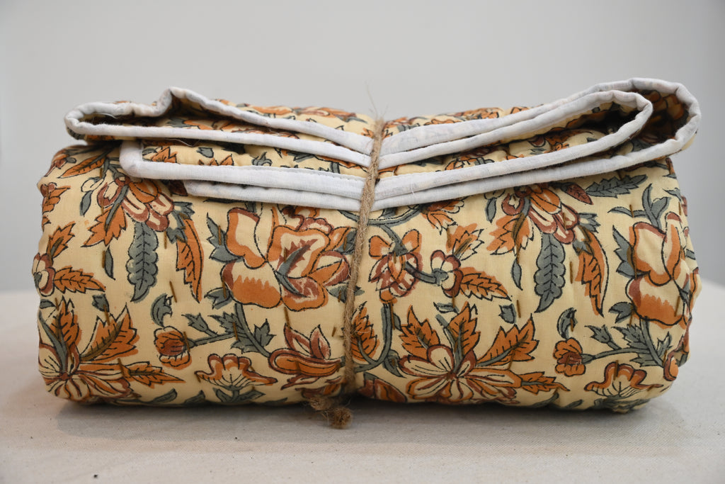 Beige & Orange Mughal Floral Hand Block Print Cotton Quilt