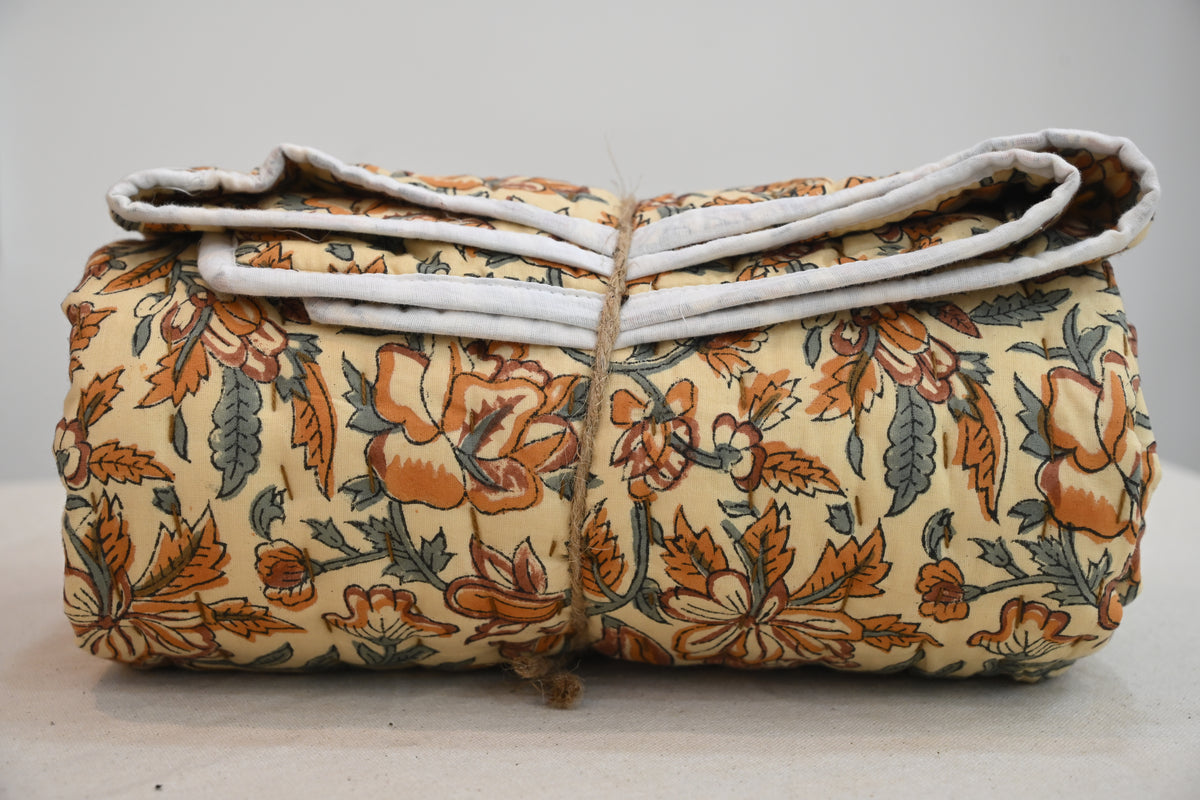 Beige & Orange Mughal Floral Hand Block Print Cotton Quilt