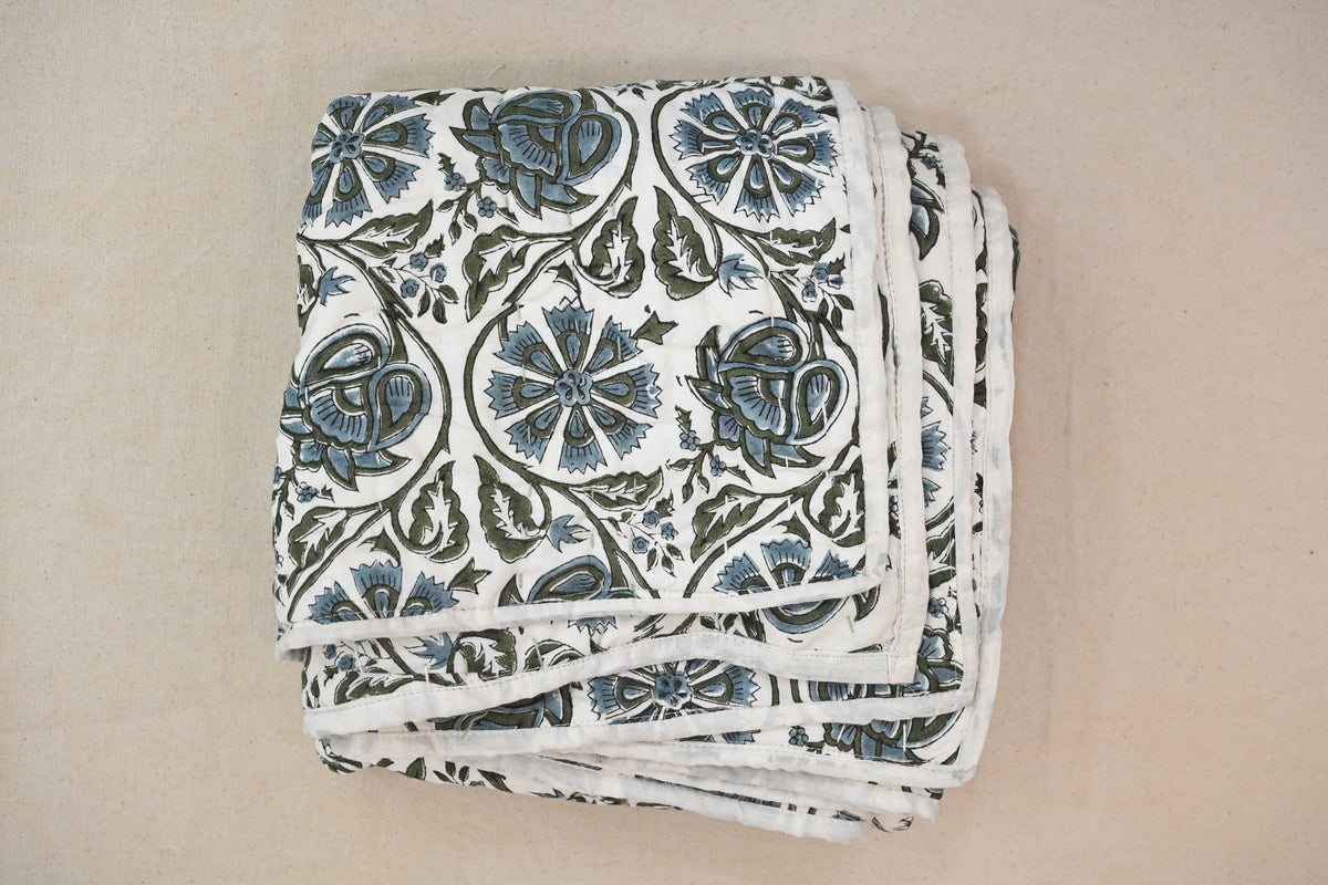 White & Blue Mughal Floral Hand Block Print Cotton Quilt