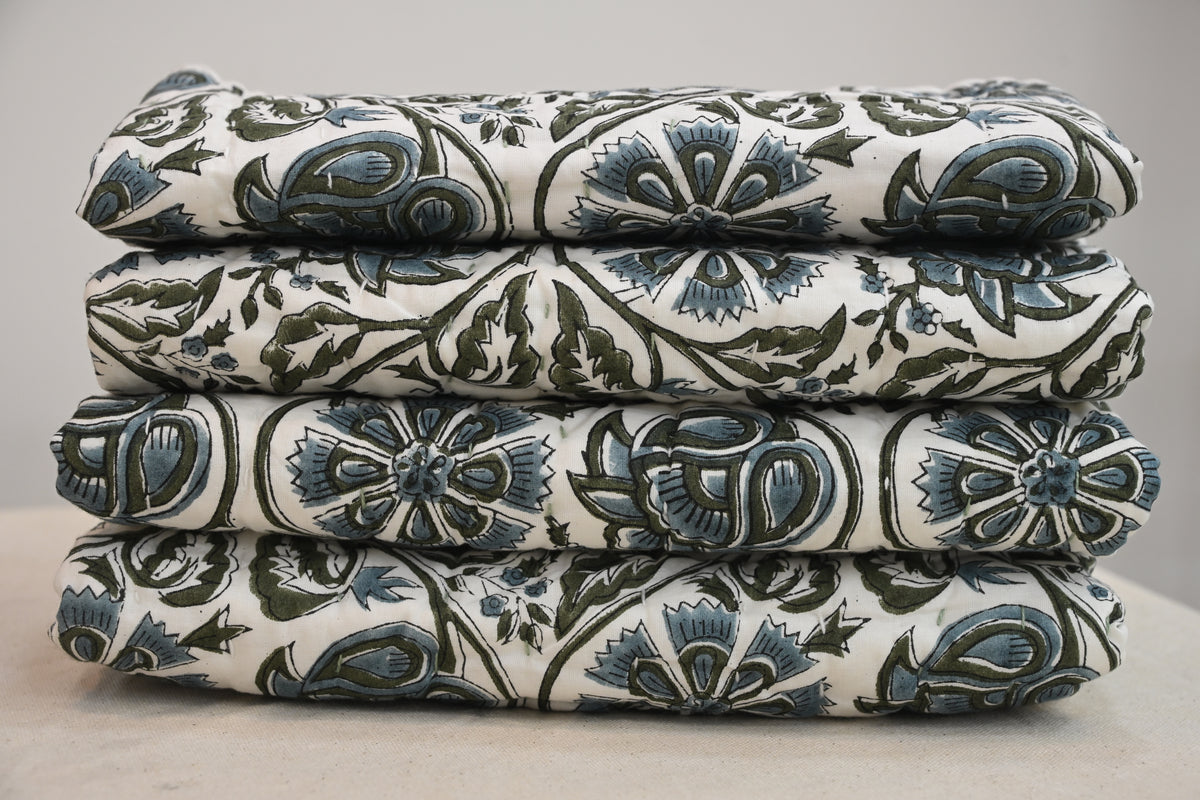 White & Blue Mughal Floral Hand Block Print Cotton Quilt
