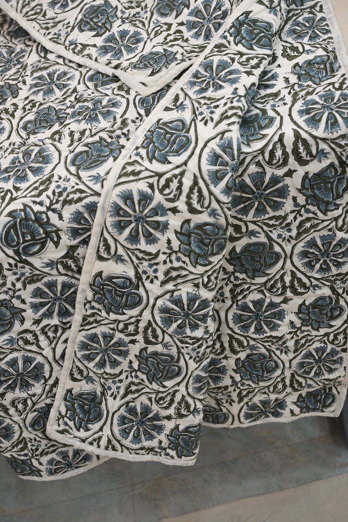 White & Blue Mughal Floral Hand Block Print Cotton Quilt