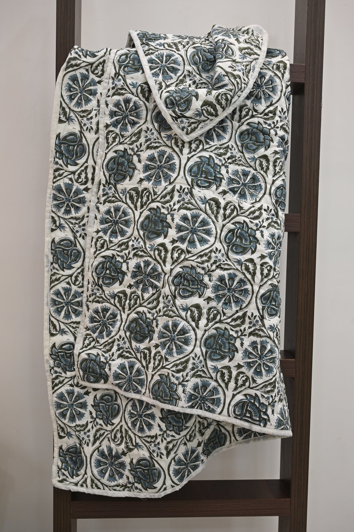 White & Blue Mughal Floral Hand Block Print Cotton Quilt