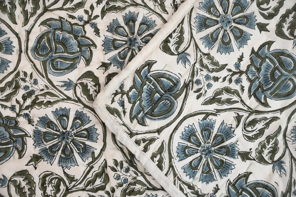 White & Blue Mughal Floral Hand Block Print Cotton Quilt