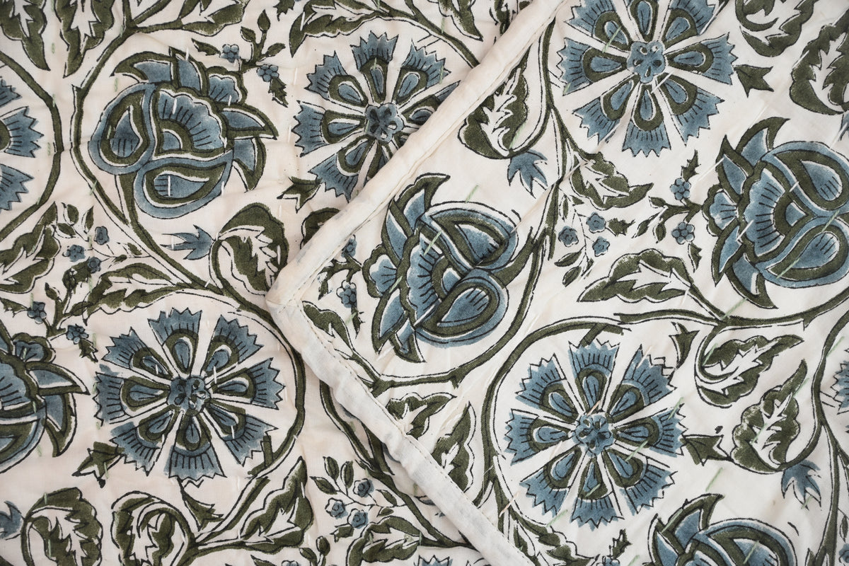 White & Blue Mughal Floral Hand Block Print Cotton Quilt