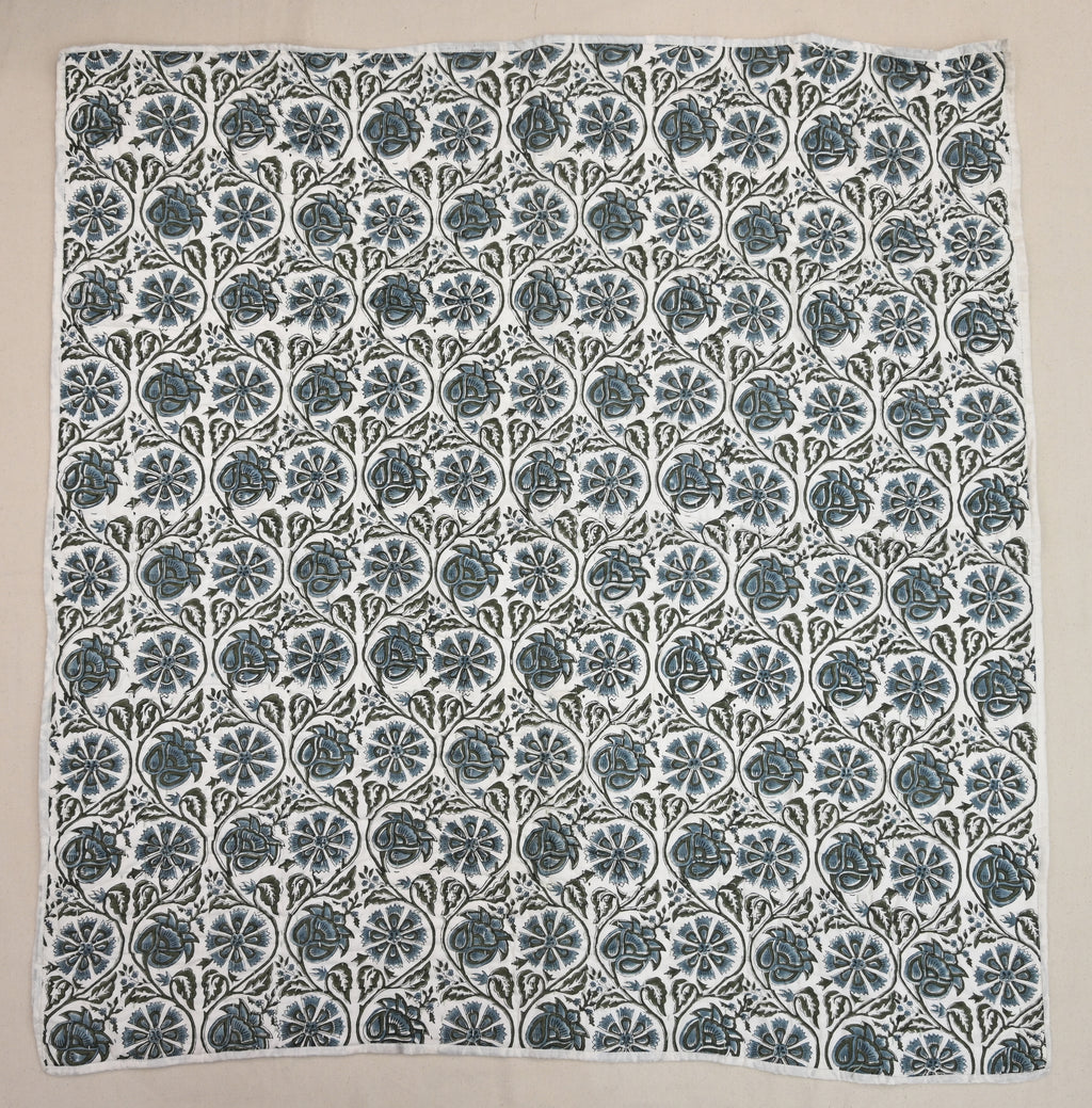 White & Blue Mughal Floral Hand Block Print Cotton Quilt