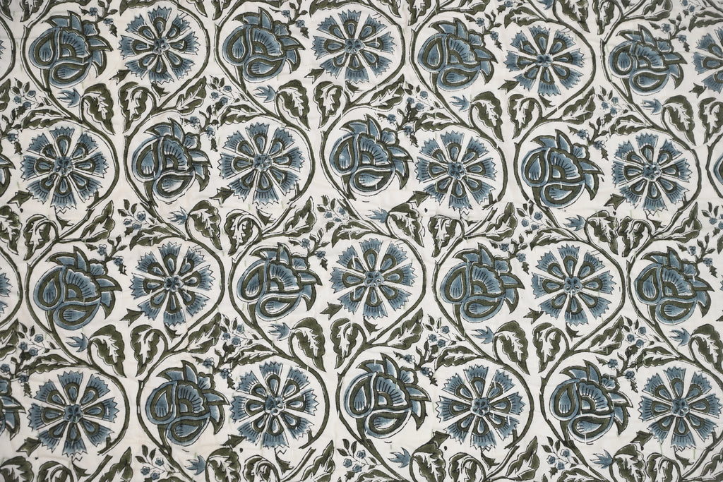 White & Blue Mughal Floral Hand Block Print Cotton Quilt