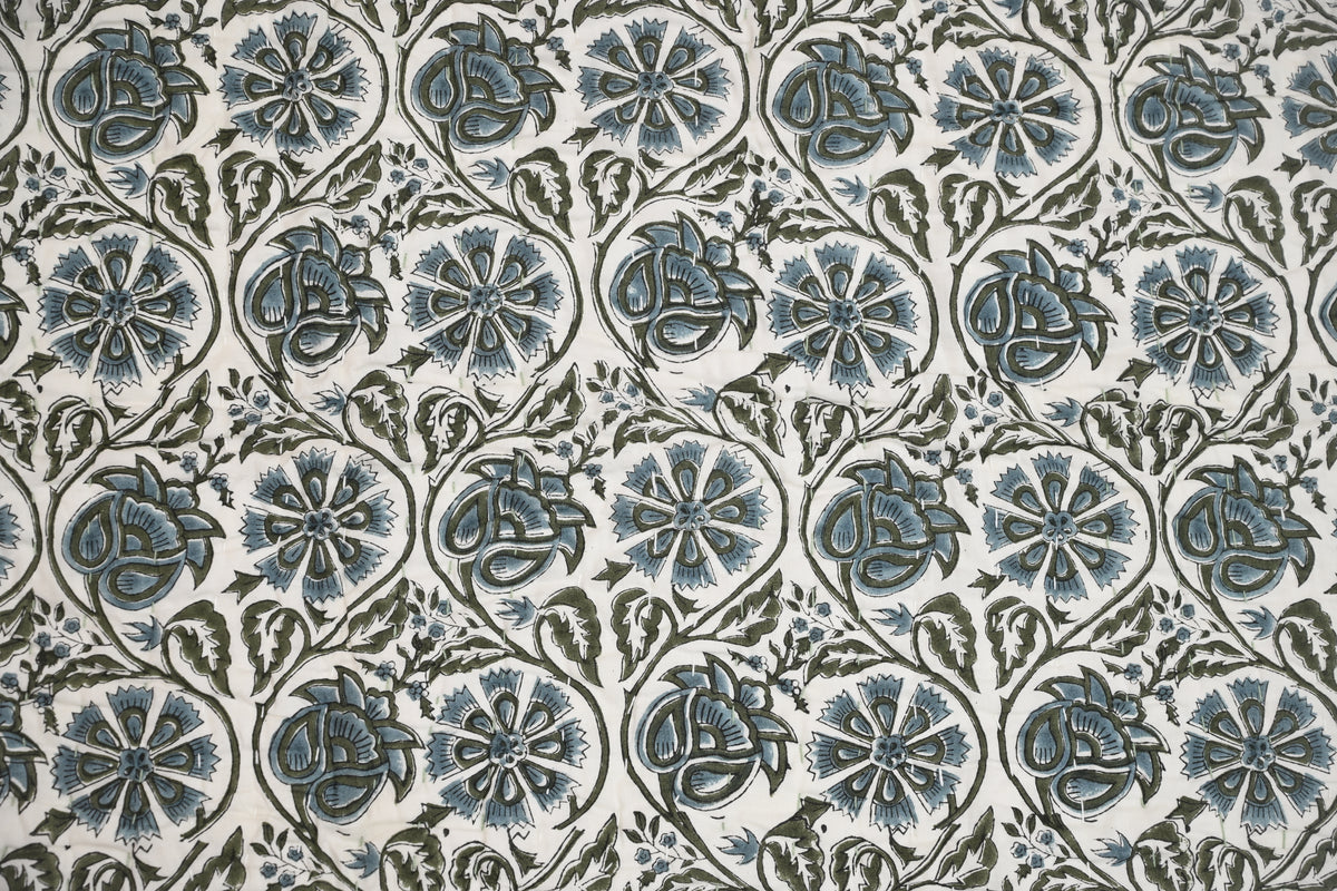 White & Blue Mughal Floral Hand Block Print Cotton Quilt