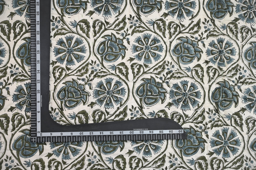 White & Blue Mughal Floral Hand Block Print Cotton Quilt