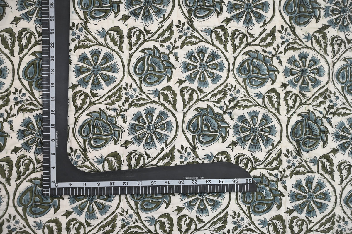 White & Blue Mughal Floral Hand Block Print Cotton Quilt