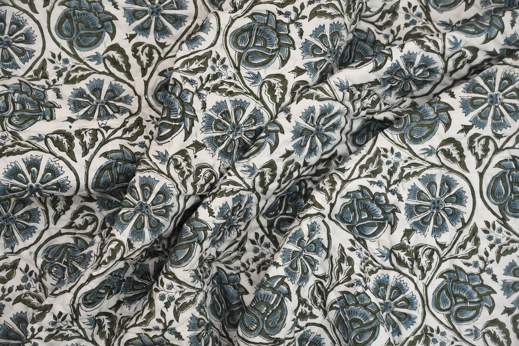 White & Blue Mughal Floral Hand Block Print Cotton Quilt