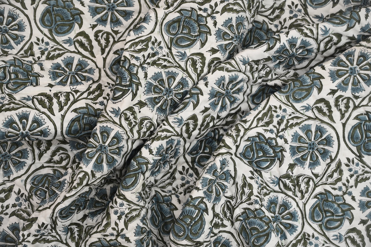 White & Blue Mughal Floral Hand Block Print Cotton Quilt
