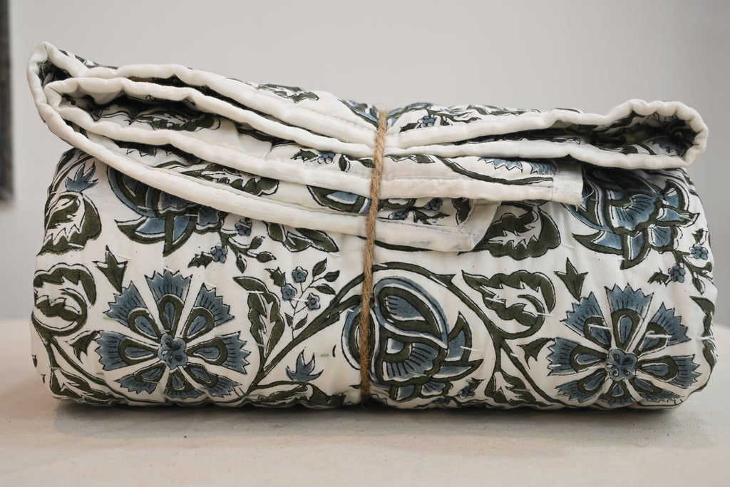 White & Blue Mughal Floral Hand Block Print Cotton Quilt
