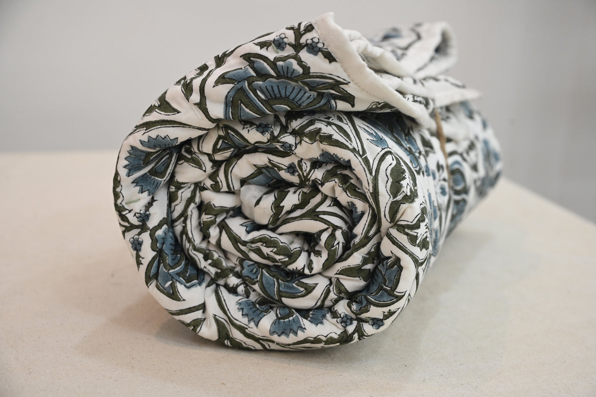 White & Blue Mughal Floral Hand Block Print Cotton Quilt