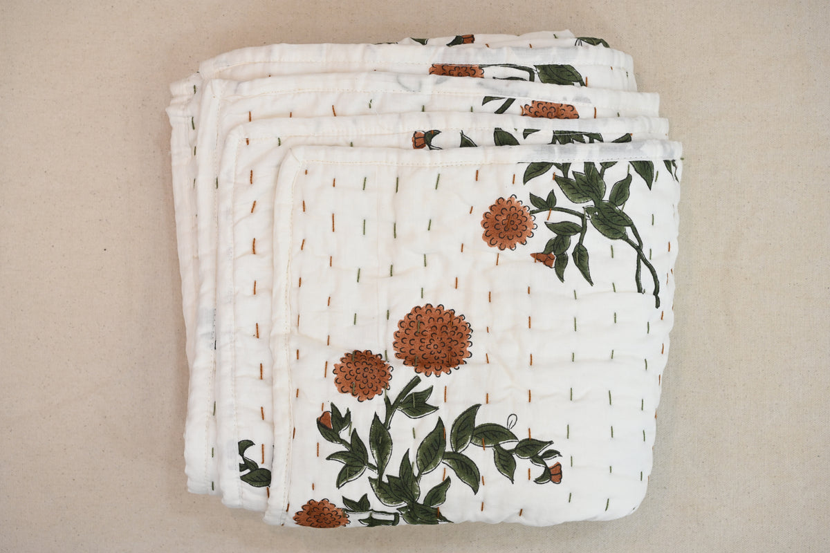 White & Orange Mughal Floral Hand Block Print Cotton Quilt