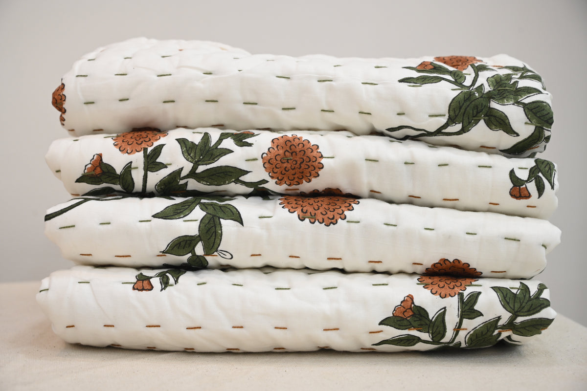White & Orange Mughal Floral Hand Block Print Cotton Quilt