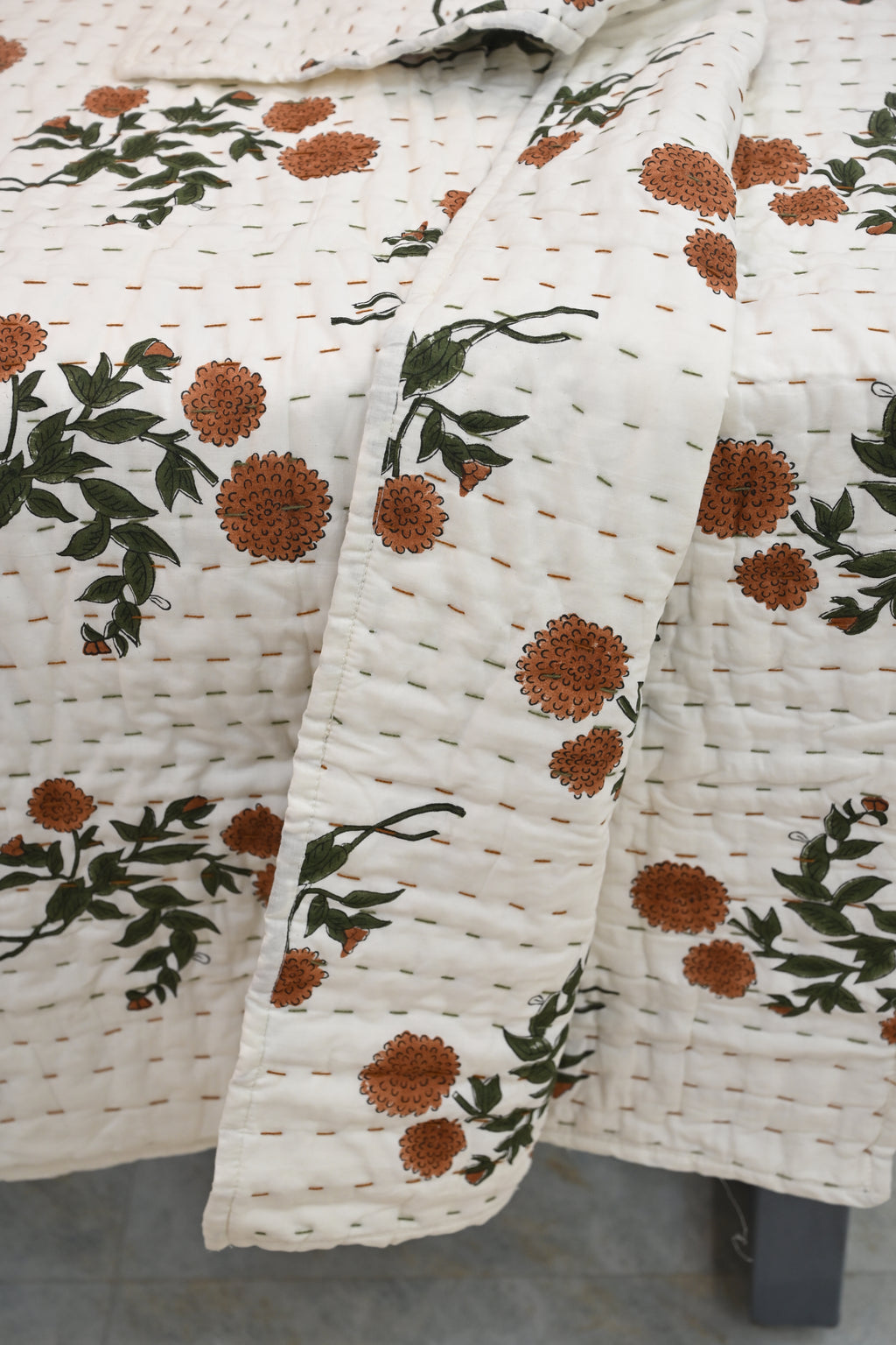 White & Orange Mughal Floral Hand Block Print Cotton Quilt