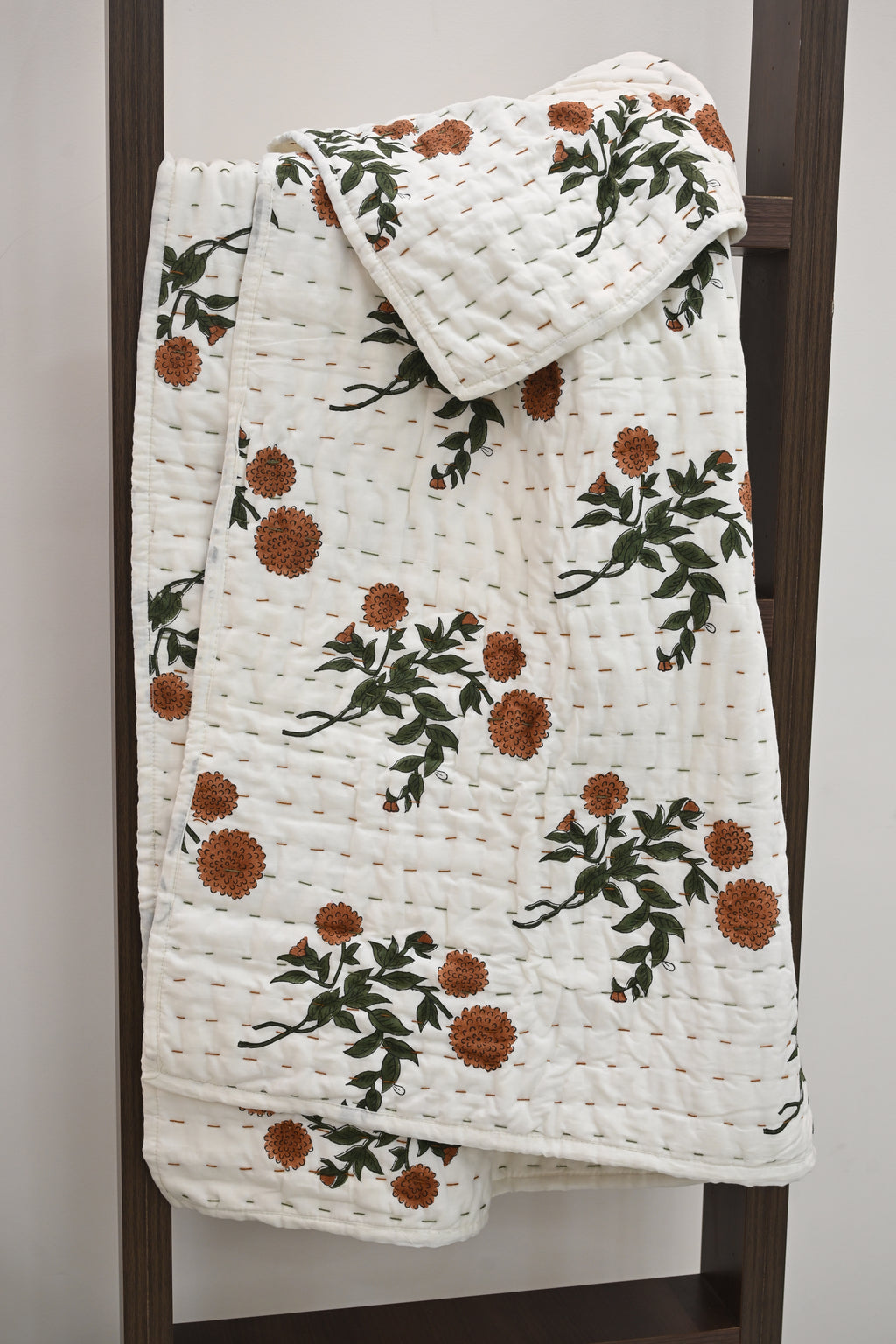 White & Orange Mughal Floral Hand Block Print Cotton Quilt