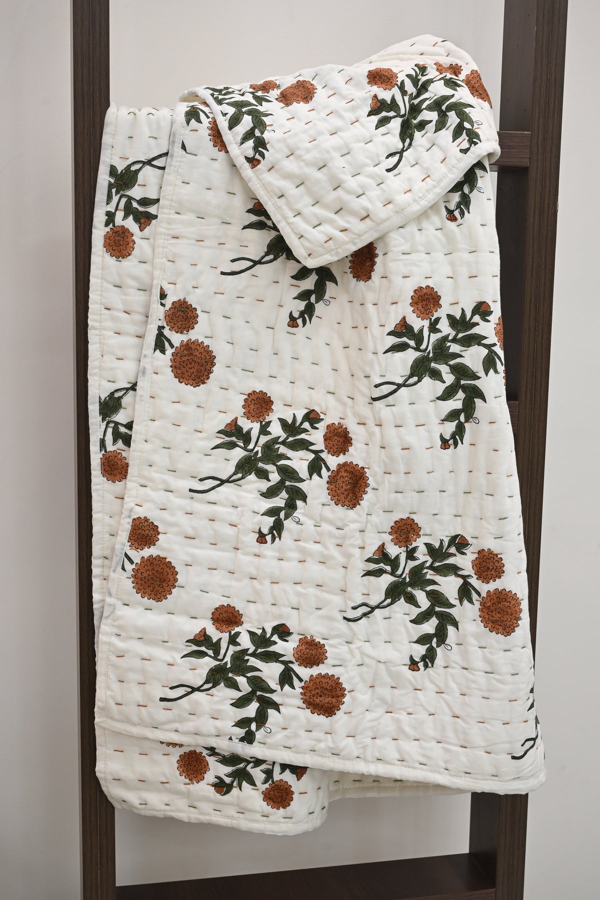 White & Orange Mughal Floral Hand Block Print Cotton Quilt