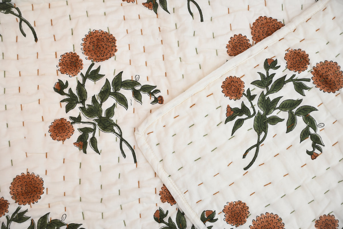 White & Orange Mughal Floral Hand Block Print Cotton Quilt