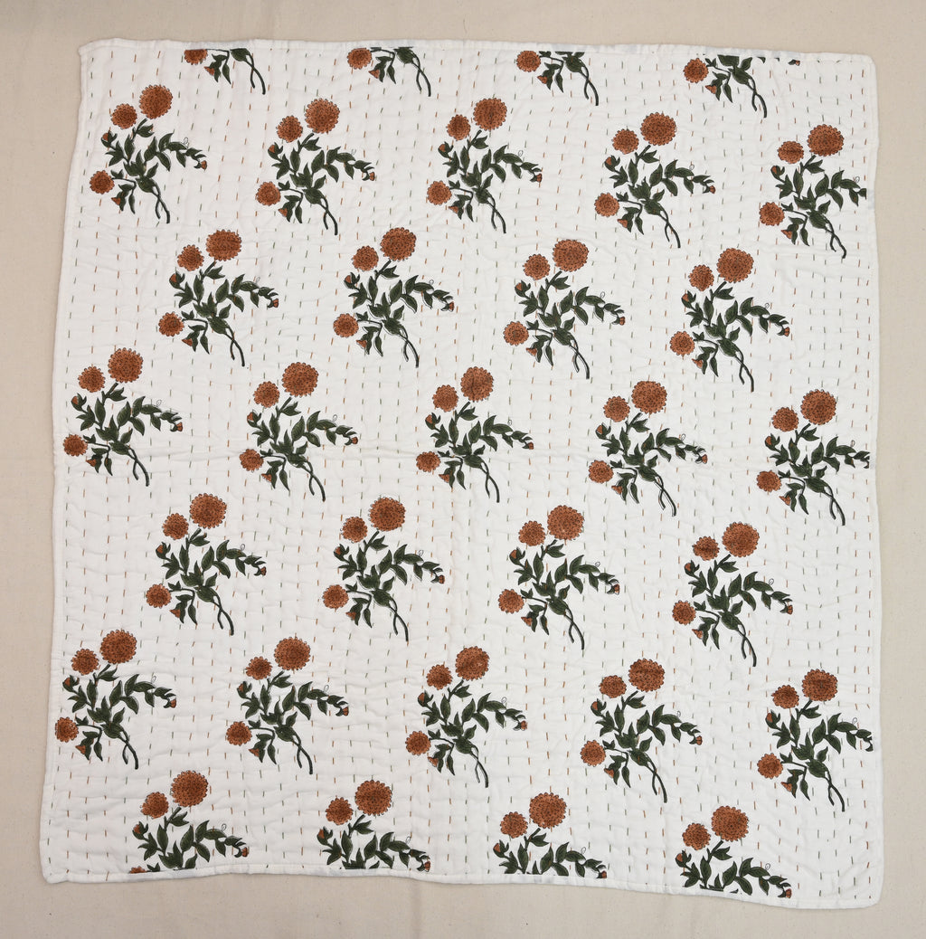 White & Orange Mughal Floral Hand Block Print Cotton Quilt
