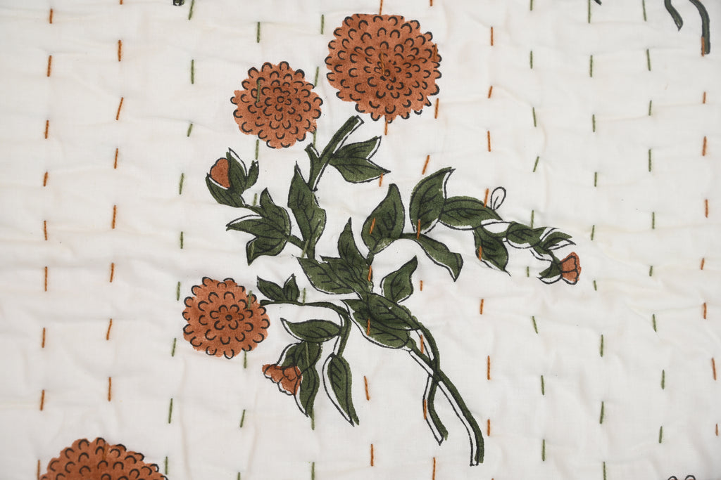 White & Orange Mughal Floral Hand Block Print Cotton Quilt
