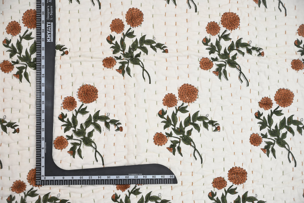 White & Orange Mughal Floral Hand Block Print Cotton Quilt