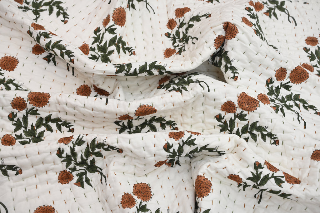 White & Orange Mughal Floral Hand Block Print Cotton Quilt