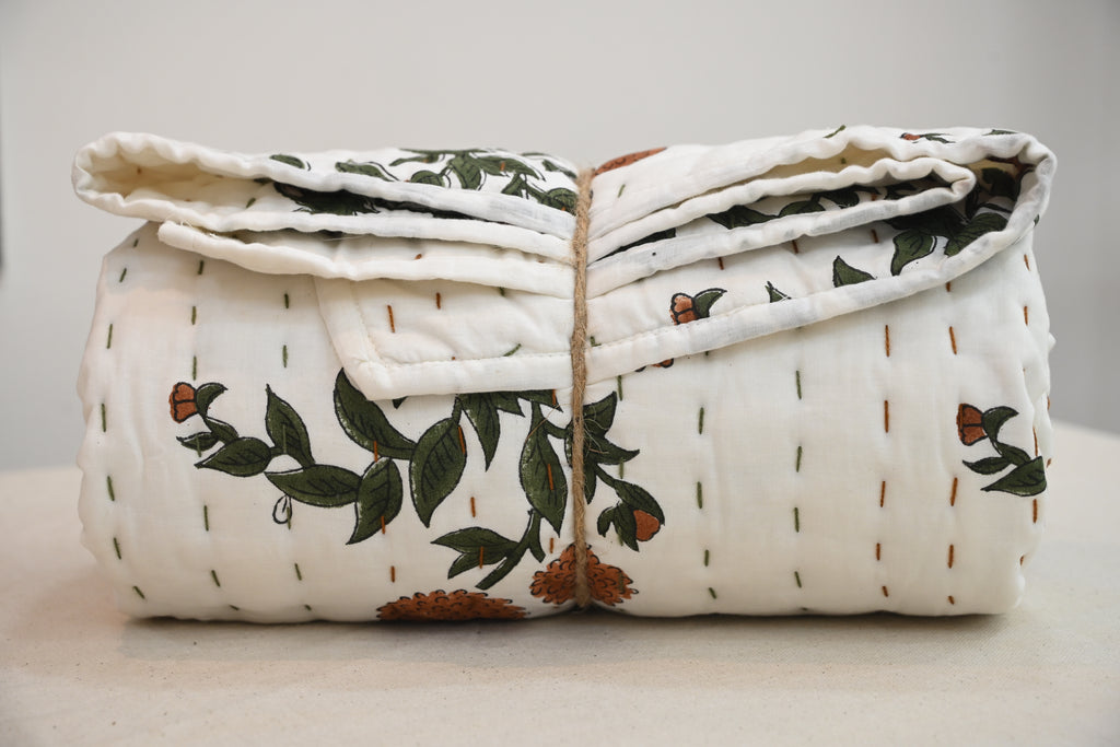 White & Orange Mughal Floral Hand Block Print Cotton Quilt