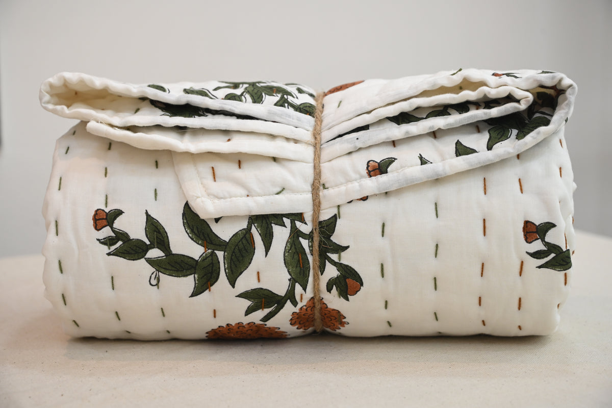 White & Orange Mughal Floral Hand Block Print Cotton Quilt