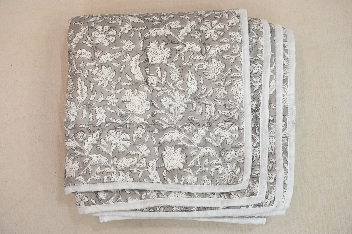 Grey & White Mughal Floral Hand Block Print Cotton Quilt
