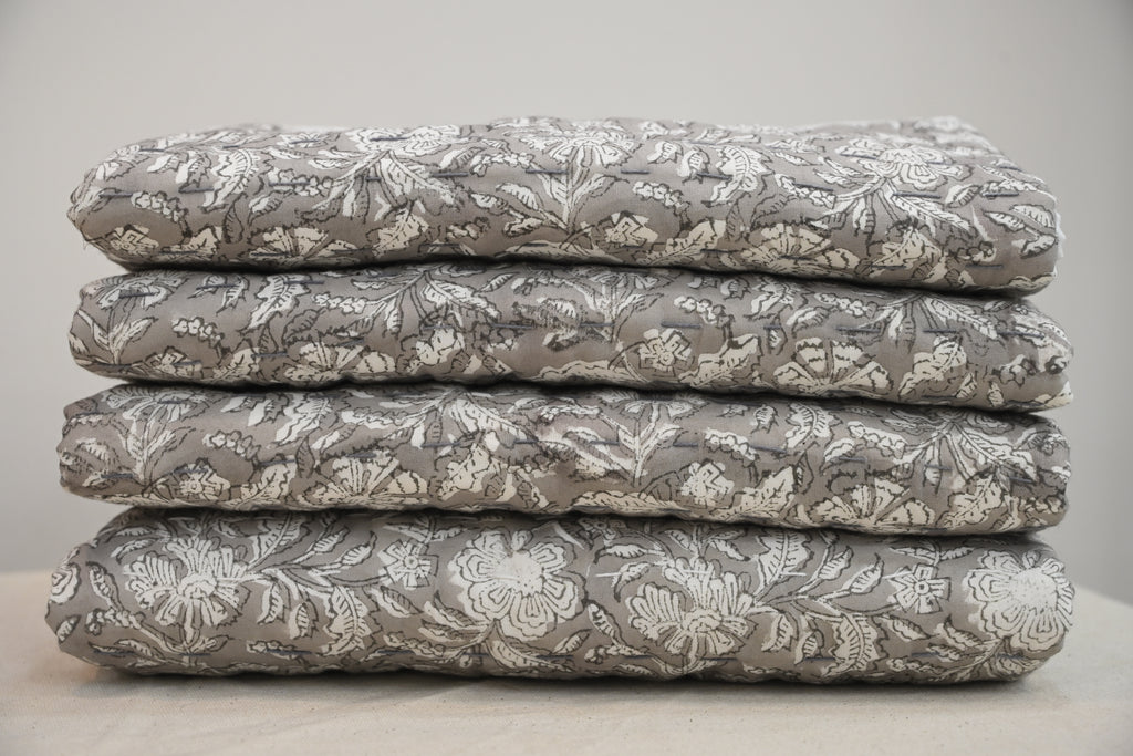 Grey & White Mughal Floral Hand Block Print Cotton Quilt
