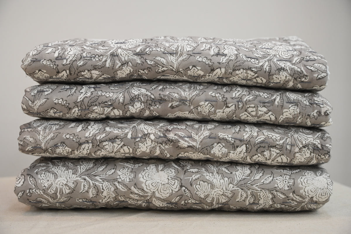 Grey & White Mughal Floral Hand Block Print Cotton Quilt
